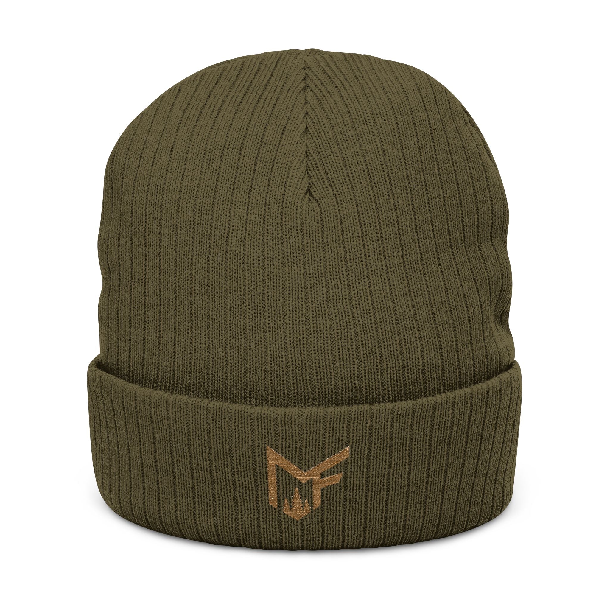 Embroidered Ribbed Knit Beanie — Minimal Gold Logo Winter Hat