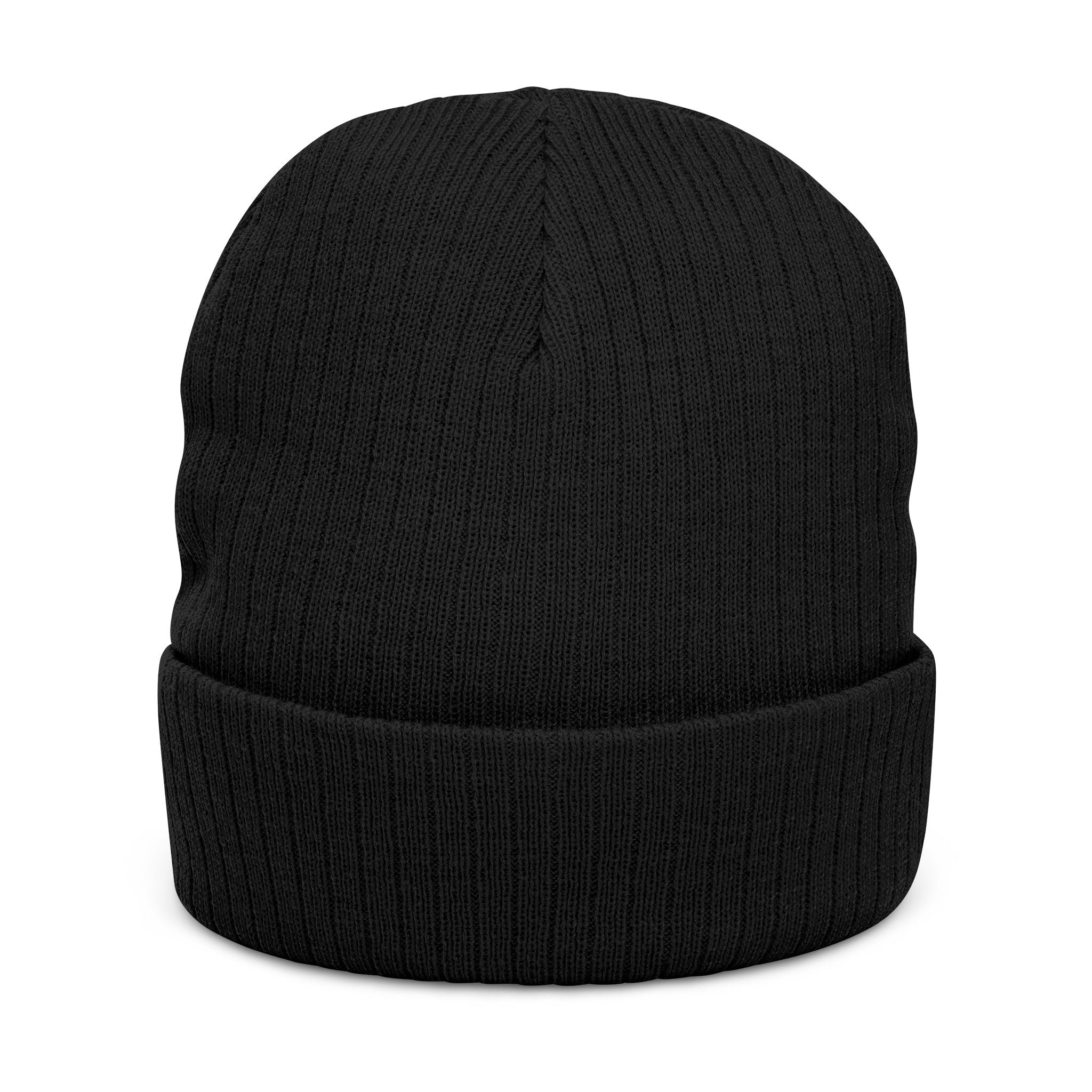Embroidered Ribbed Knit Beanie — Minimal Gold Logo Winter Hat
