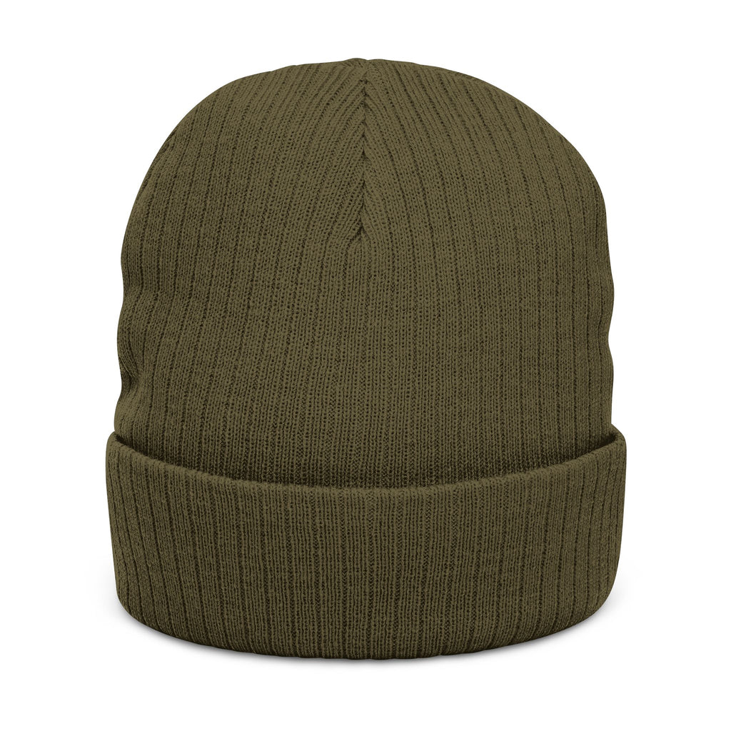 Embroidered Ribbed Knit Beanie — Minimal Gold Logo Winter Hat