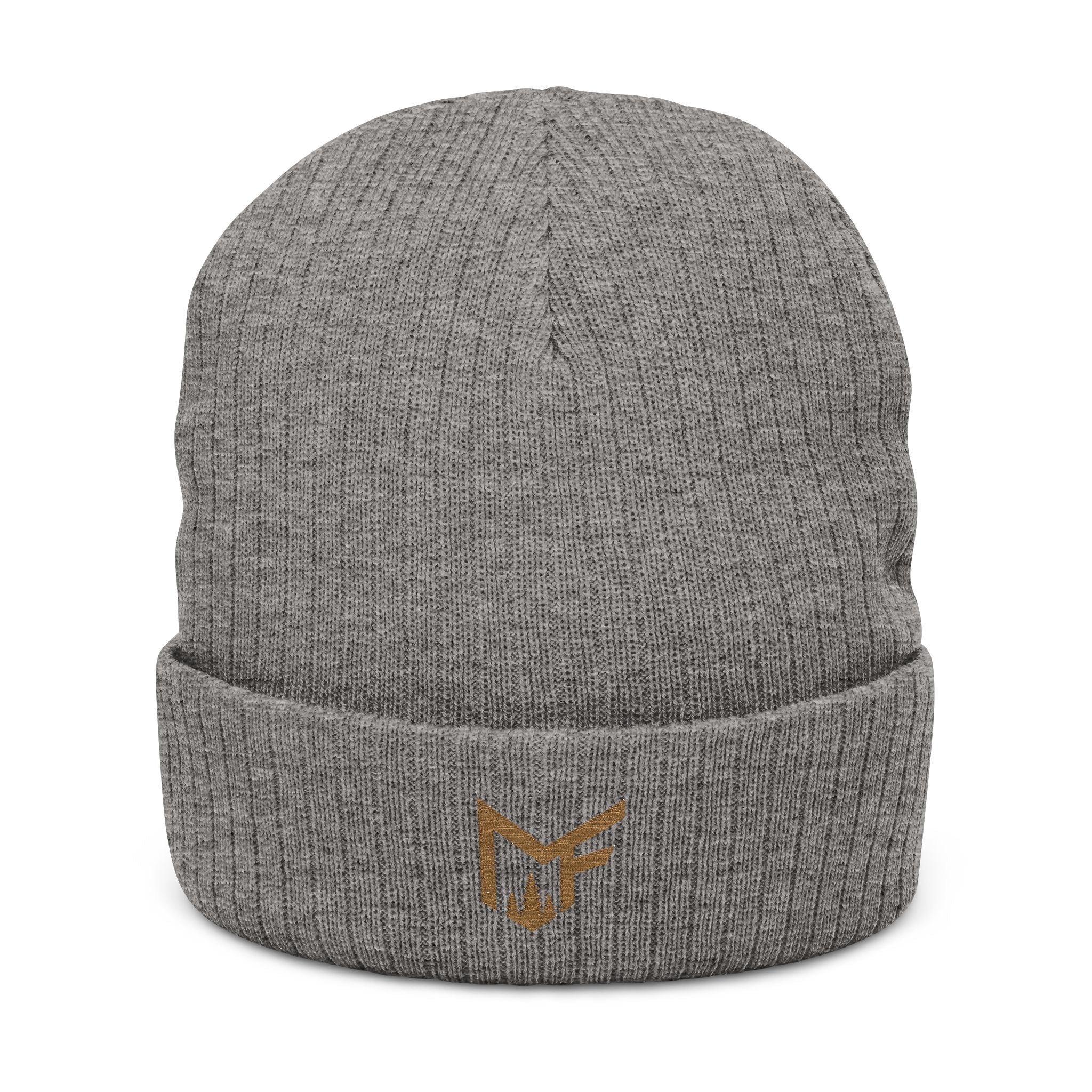 Embroidered Ribbed Knit Beanie — Minimal Gold Logo Winter Hat