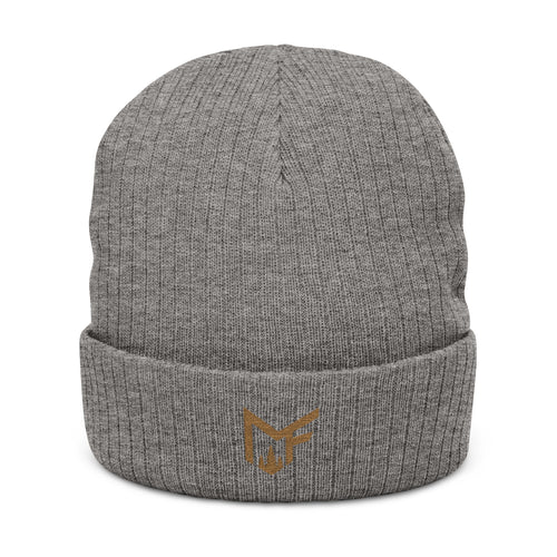 Embroidered Ribbed Knit Beanie — Minimal Gold Logo Winter Hat
