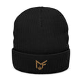 Embroidered Ribbed Knit Beanie — Minimal Gold Logo Winter Hat