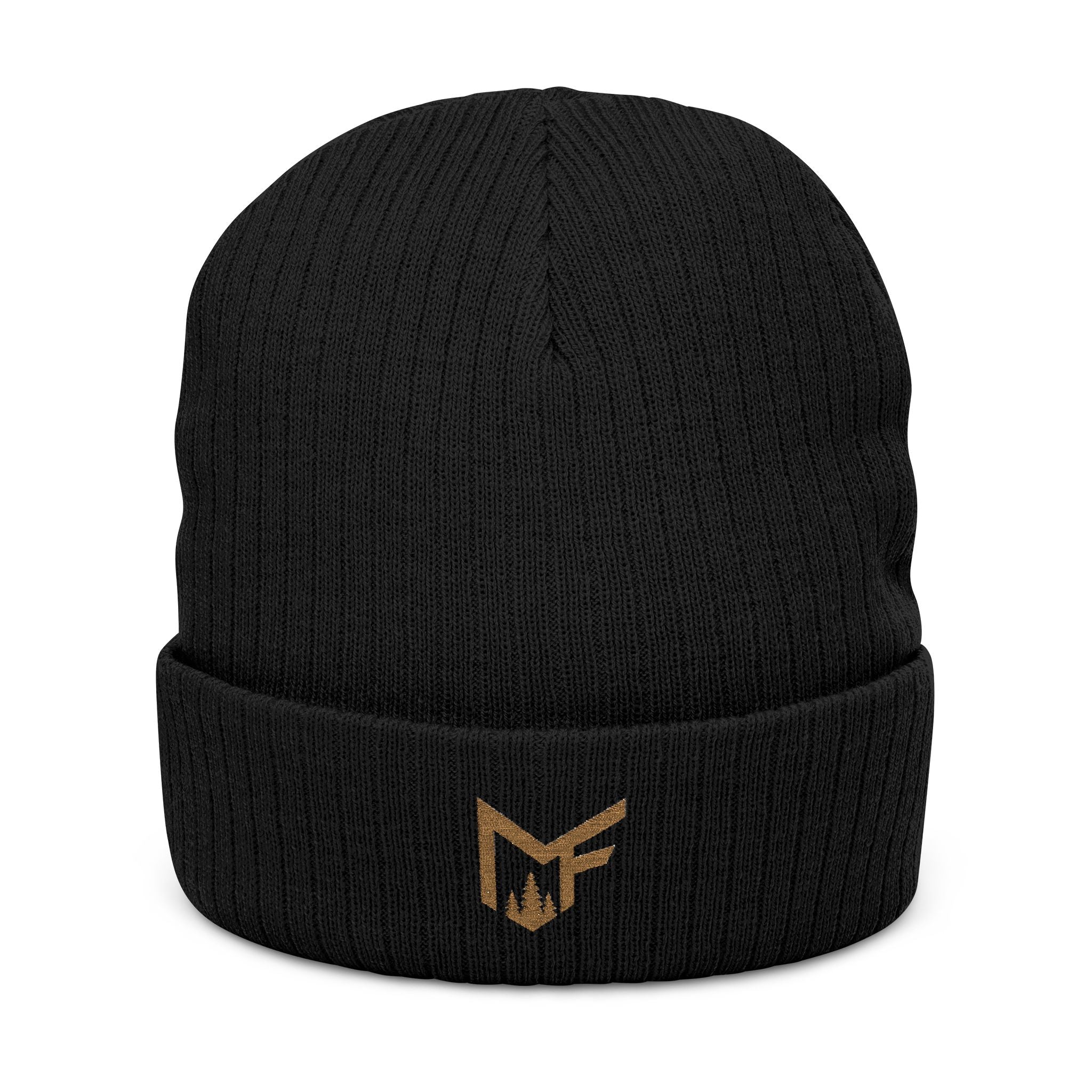 Embroidered Ribbed Knit Beanie — Minimal Gold Logo Winter Hat